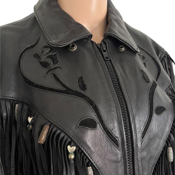 VTG Leather Fringe Rose Jacket Western Biker Boho Rockabilly Cowgirl Rodeo Blck - Picture 2 of 13